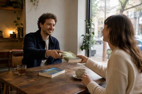 Two readers passing a book across a café table