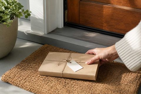 A paper-wrapped book with a tag being lifted from a doormat